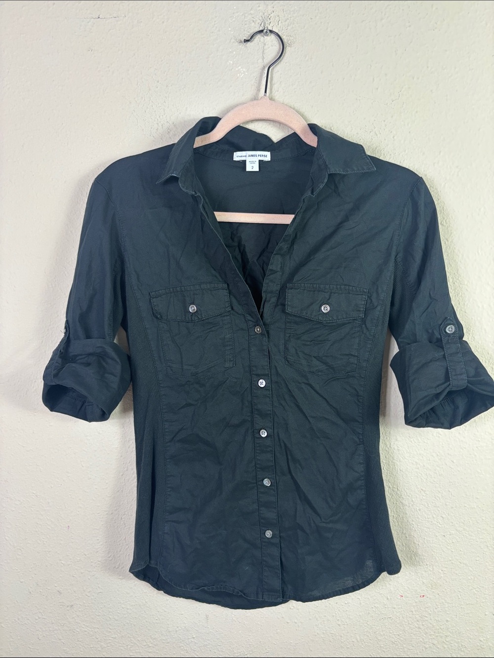 James Perse Black Button Down Shirt Ribbed Sides size 2